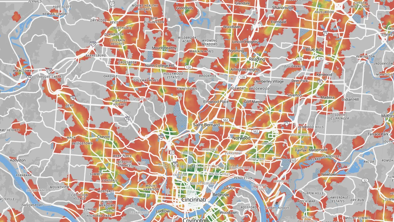 Walk Grade map of Hamilton County, OH, walkable areas in green and car-dependent areas in red