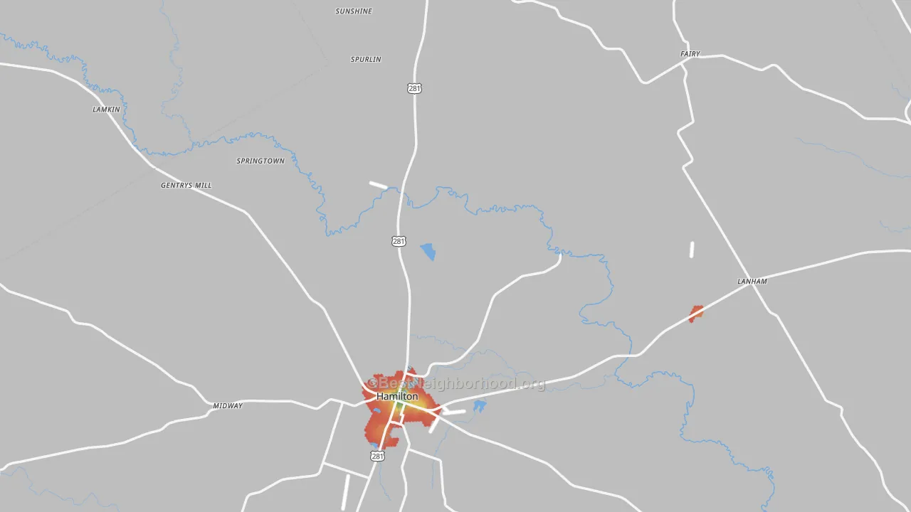Walk Grade map of Hamilton County, TX, walkable areas in green and car-dependent areas in red