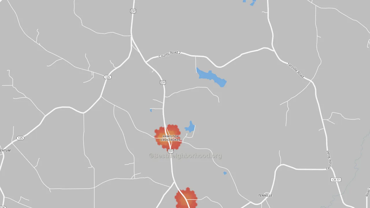 Walk Grade map of Hamilton Crossroads, AL, walkable areas in green and car-dependent areas in red