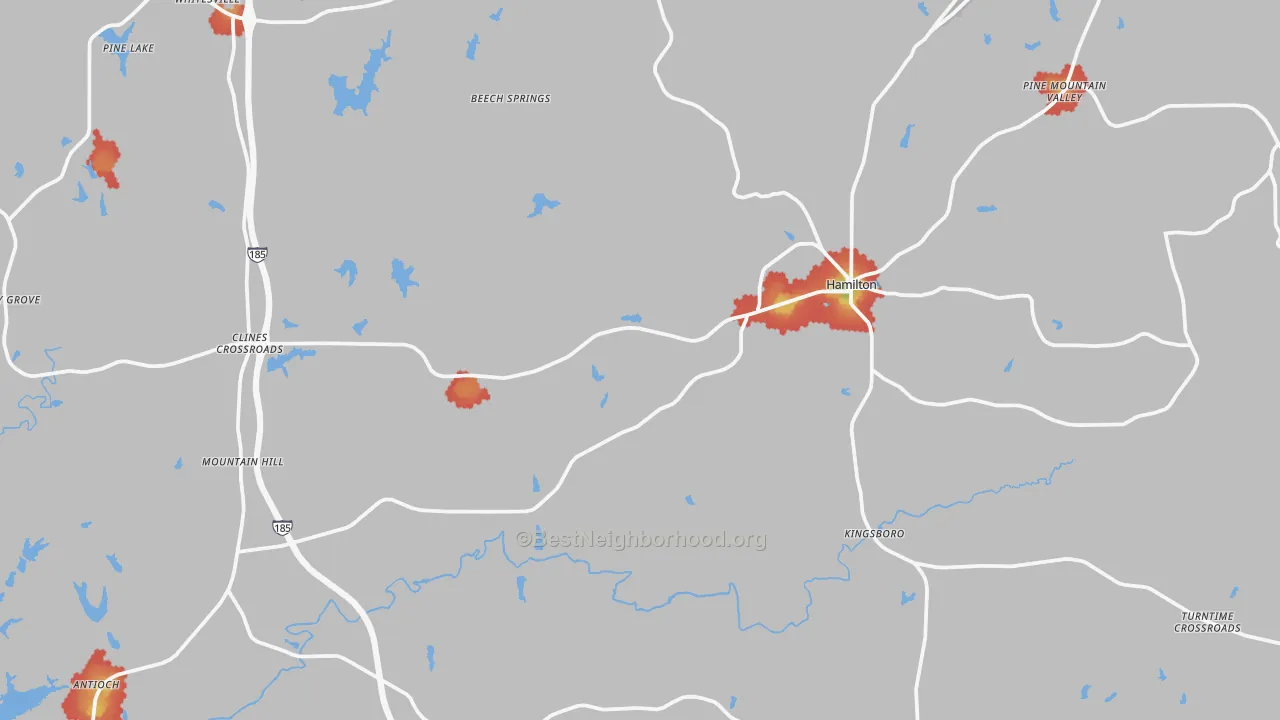 Walk Grade map of Hamilton, GA, walkable areas in green and car-dependent areas in red