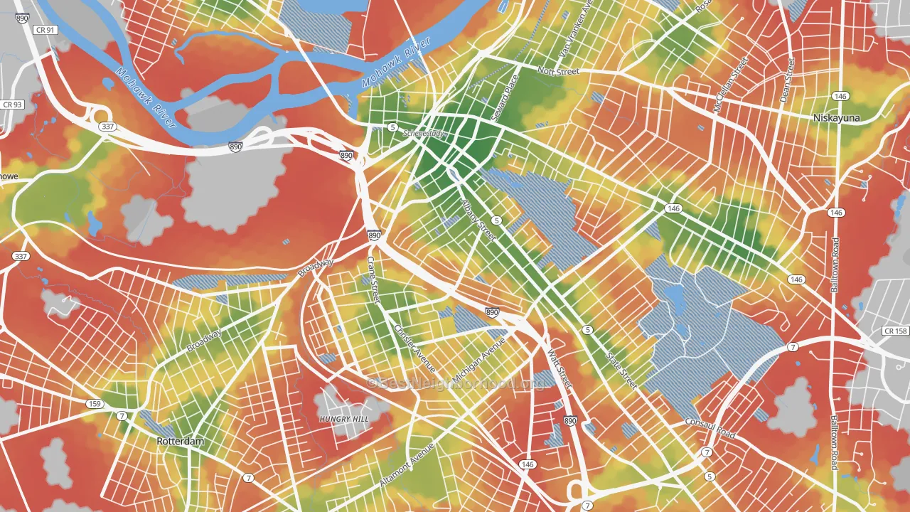 Walk Grade map of Hamilton Hills, Schenectady, NY, walkable areas in green and car-dependent areas in red