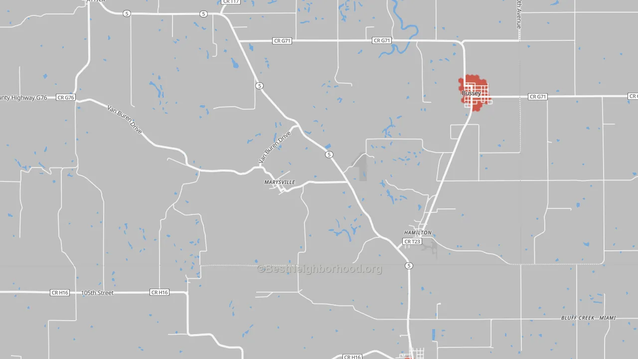 Walk Grade map of Hamilton, IA, walkable areas in green and car-dependent areas in red