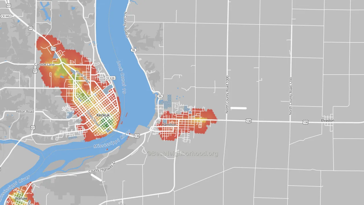 Walk Grade map of Hamilton, IL, walkable areas in green and car-dependent areas in red