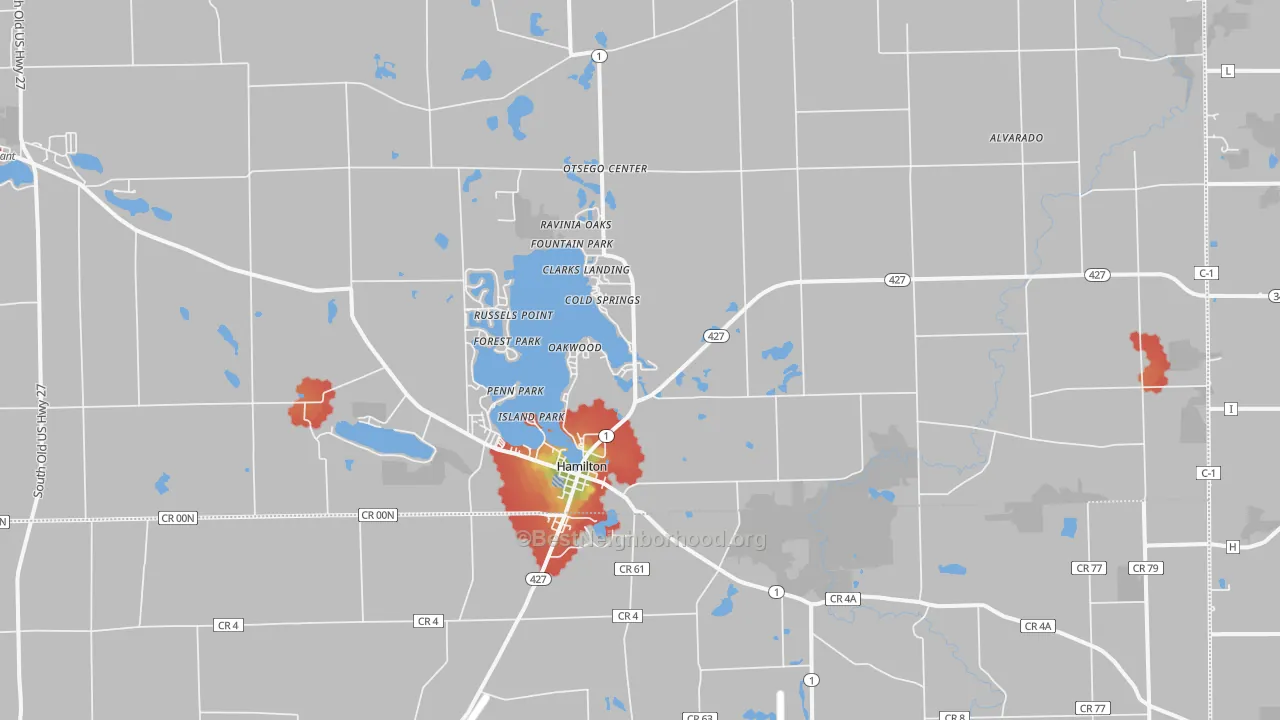 Walk Grade map of Hamilton, IN, walkable areas in green and car-dependent areas in red