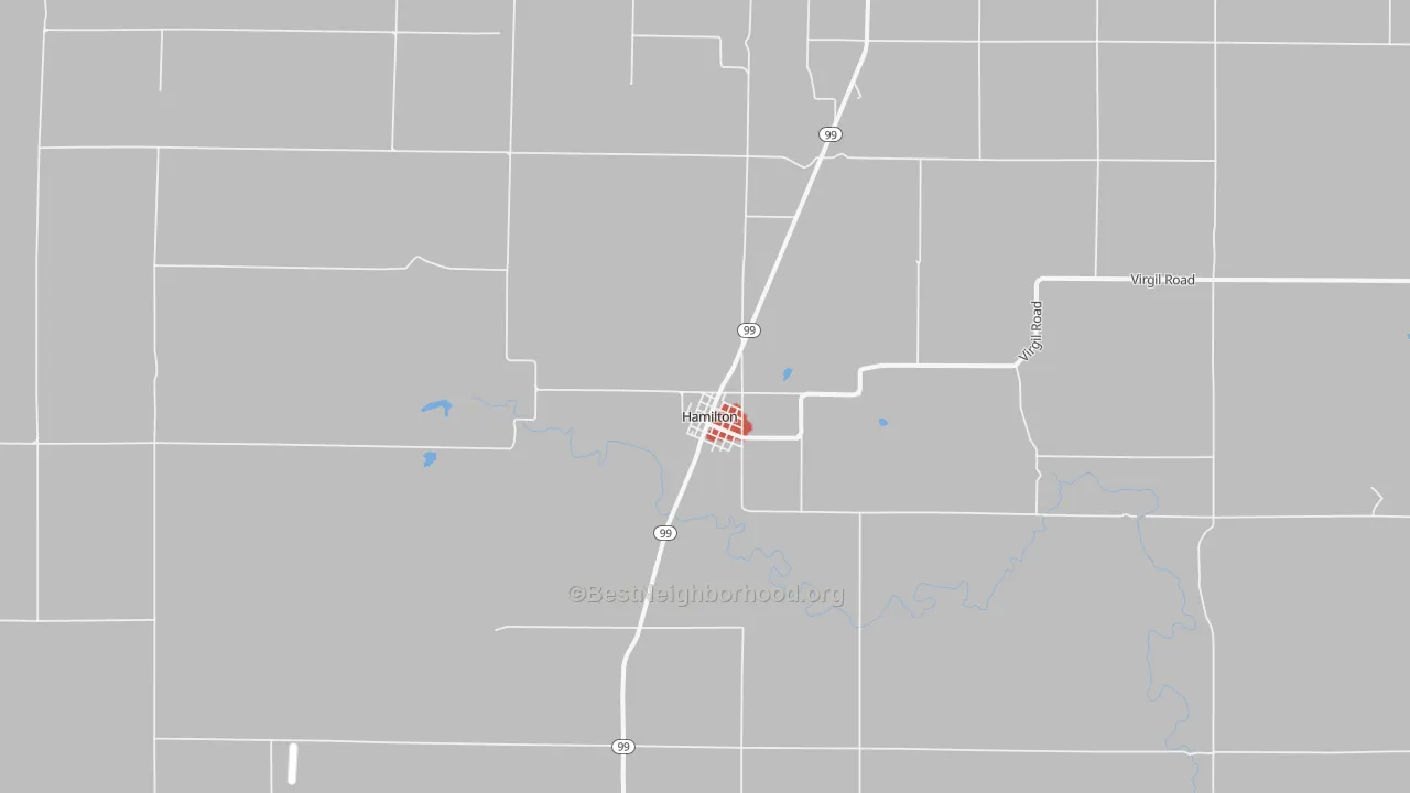 Walk Grade map of Hamilton, KS, walkable areas in green and car-dependent areas in red