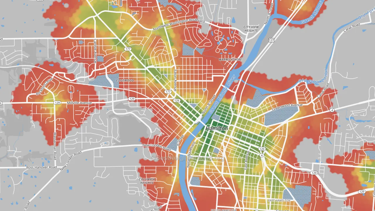 Walk Grade map of Hamilton Main Street Historic District, Hamilton, OH, walkable areas in green and car-dependent areas in red