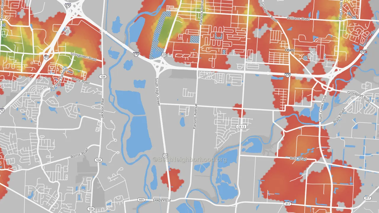 Walk Grade map of Hamilton Meadows, OH, walkable areas in green and car-dependent areas in red