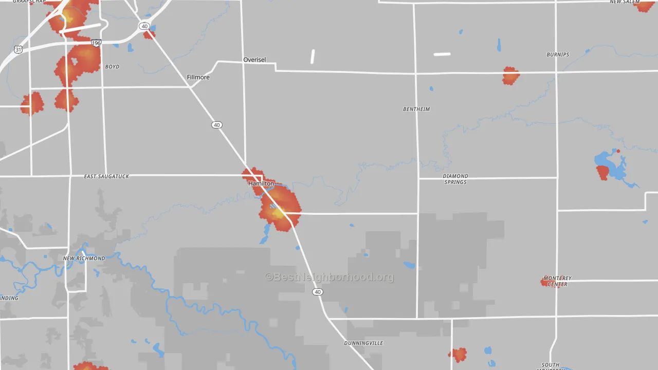 Walk Grade map of Hamilton, MI, walkable areas in green and car-dependent areas in red