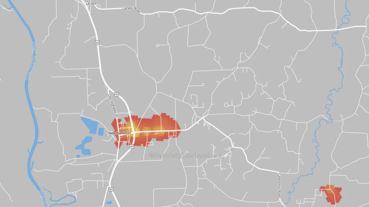 Walk Grade map of Hamilton, MS, walkable areas in green and car-dependent areas in red