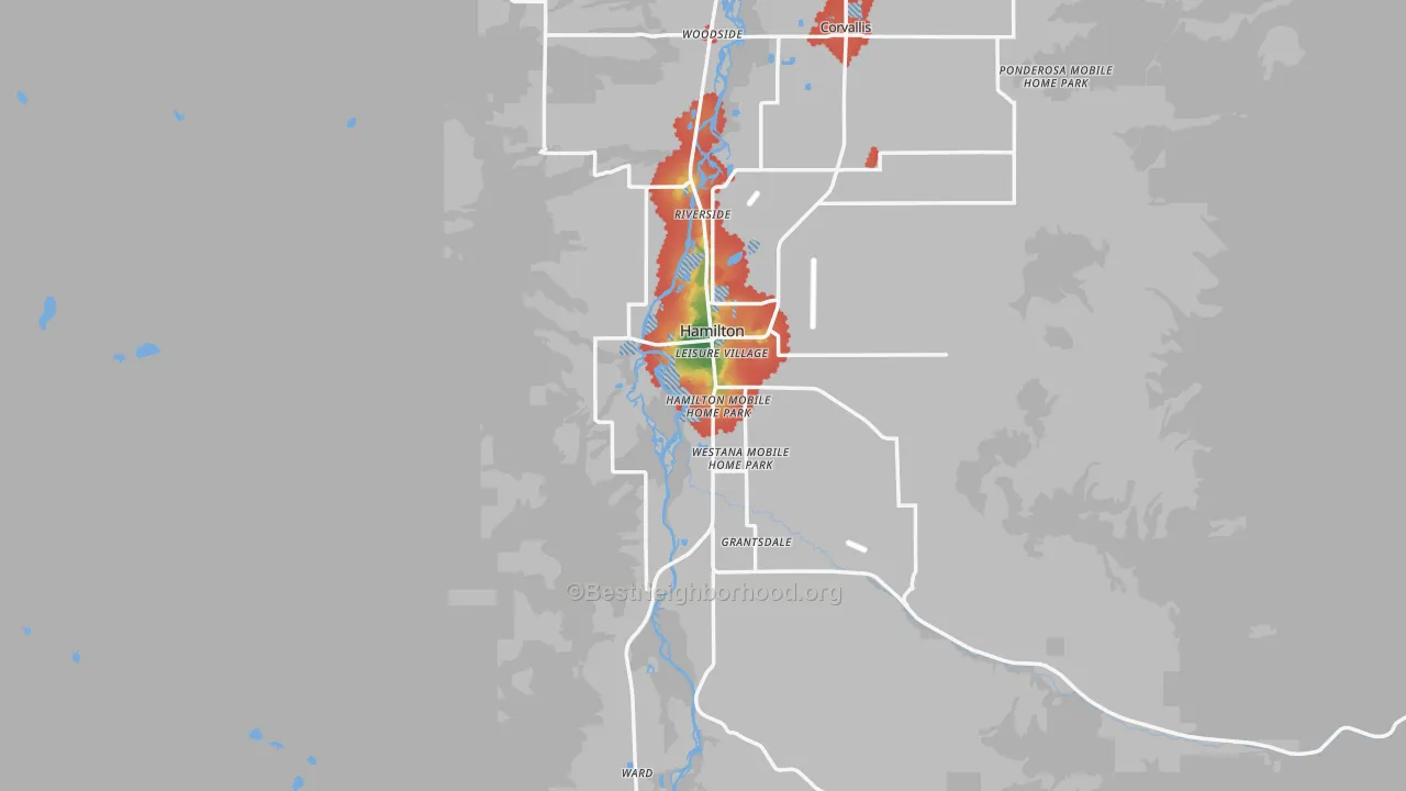 Walk Grade map of Hamilton, MT, walkable areas in green and car-dependent areas in red