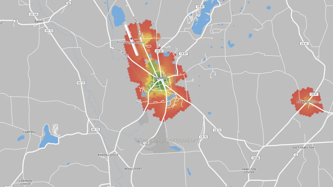 Walk Grade map of Hamilton, NY, walkable areas in green and car-dependent areas in red