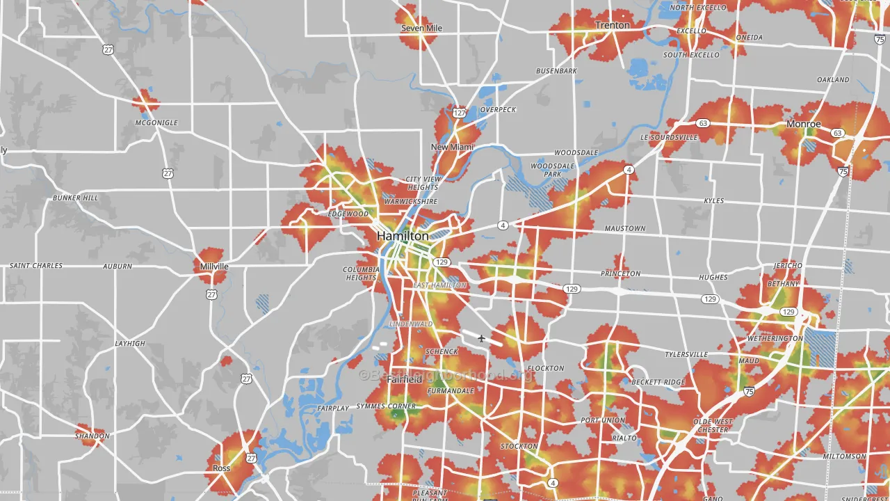 Walk Grade map of Hamilton, OH, walkable areas in green and car-dependent areas in red