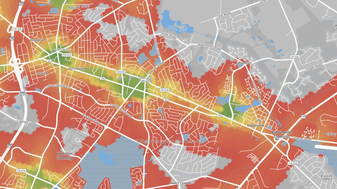 Walk Grade map of Hamilton Square, NJ, walkable areas in green and car-dependent areas in red