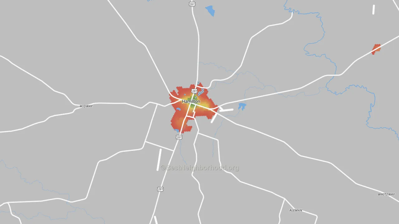 Walk Grade map of Hamilton, TX, walkable areas in green and car-dependent areas in red