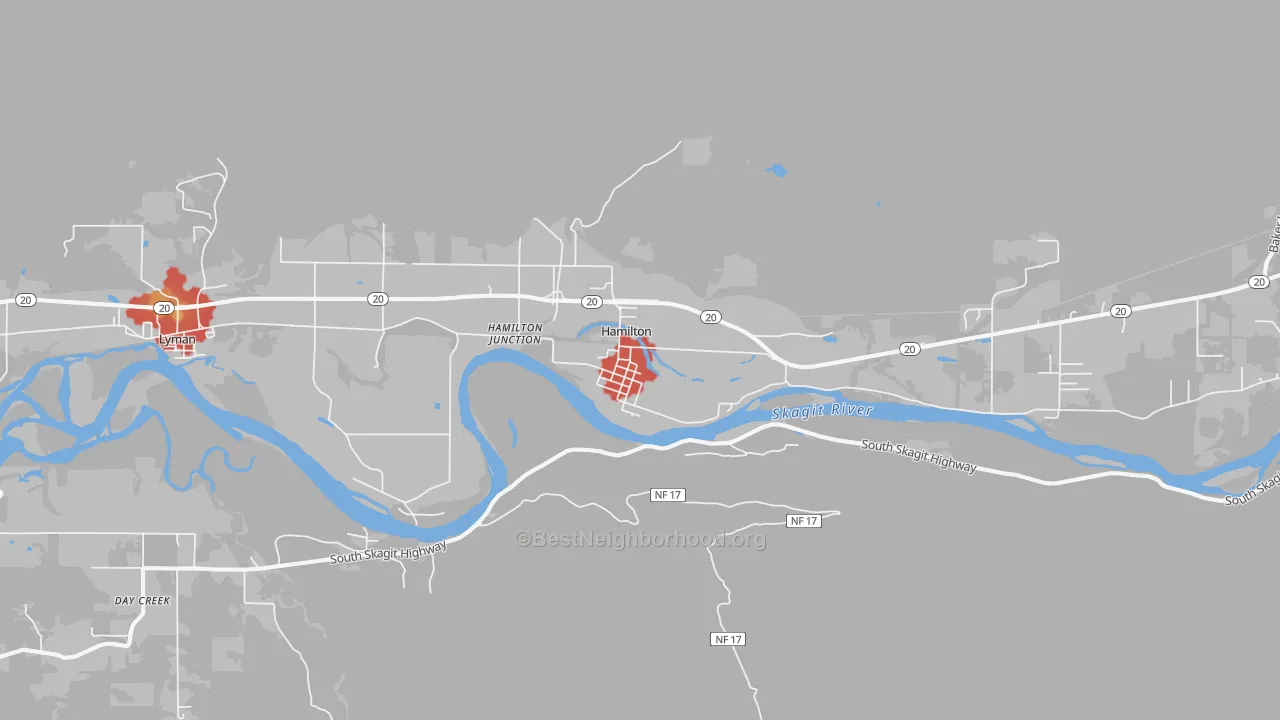 Walk Grade map of Hamilton, WA, walkable areas in green and car-dependent areas in red