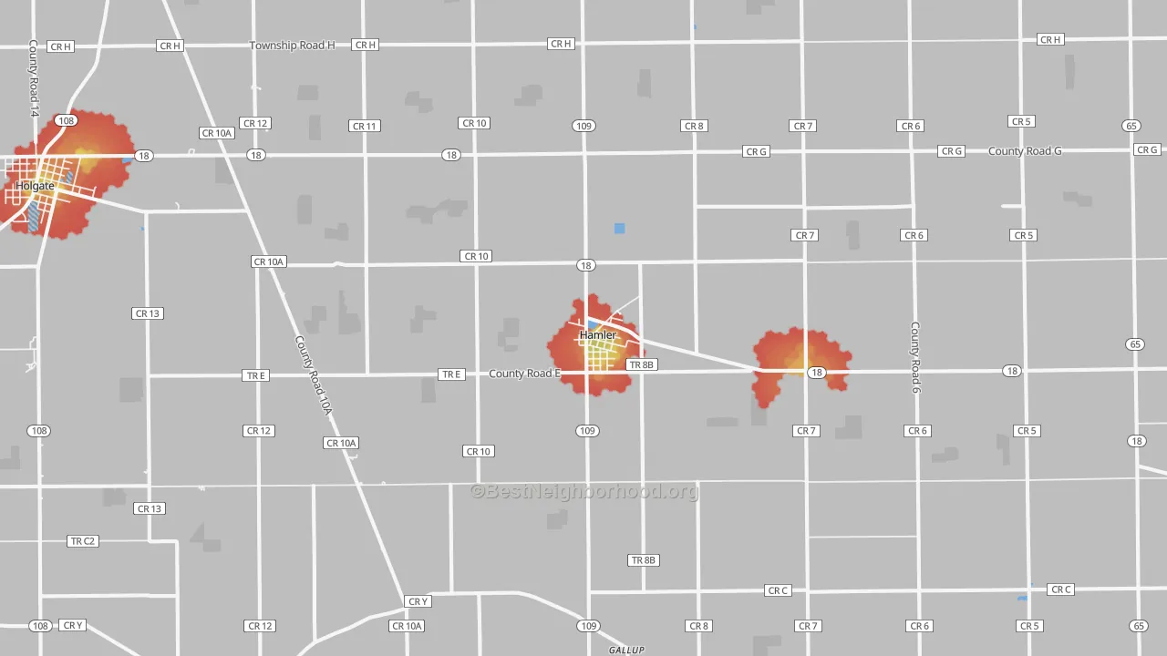 Walk Grade map of Hamler, OH, walkable areas in green and car-dependent areas in red