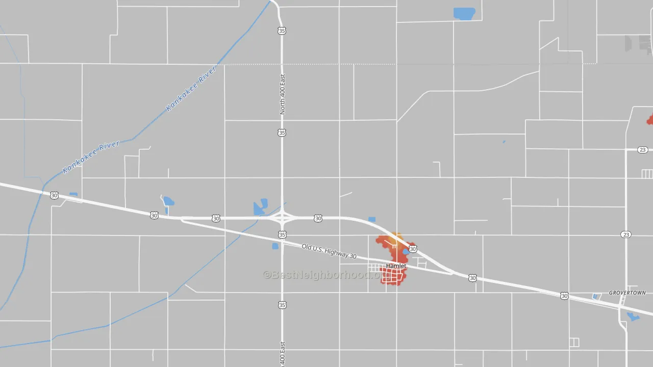 Walk Grade map of Hamlet, IN, walkable areas in green and car-dependent areas in red