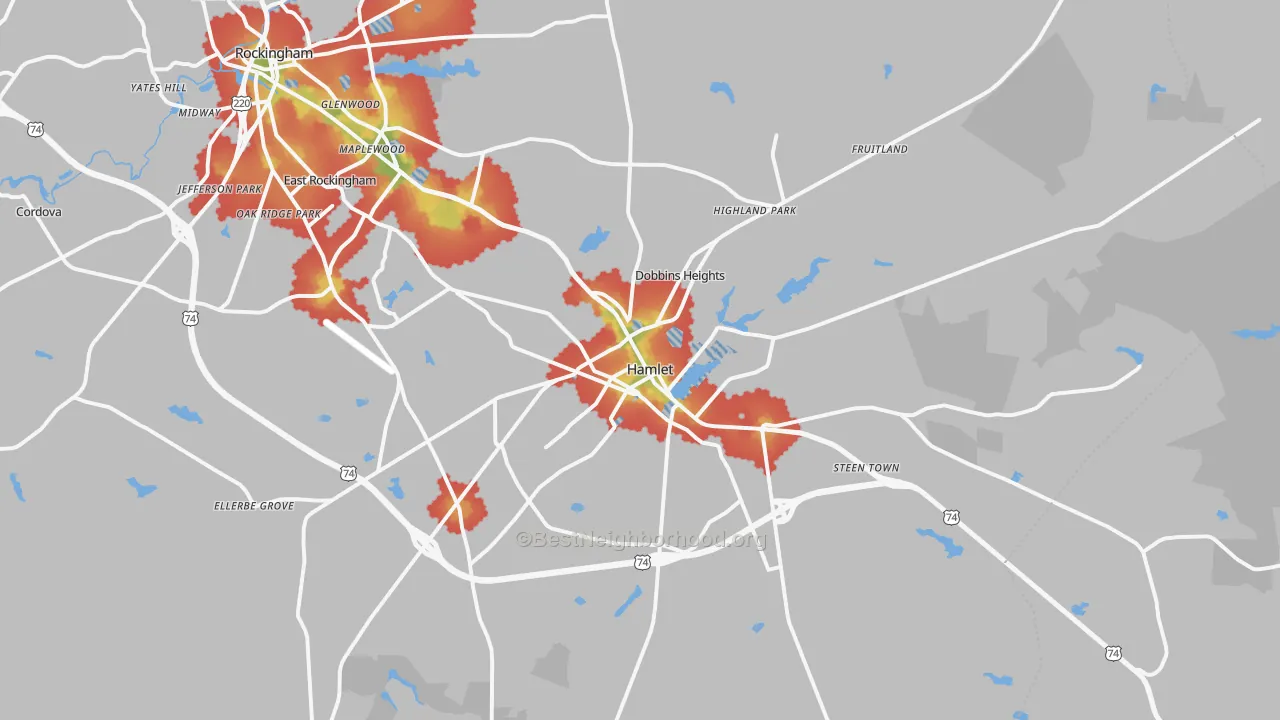Walk Grade map of Hamlet, NC, walkable areas in green and car-dependent areas in red