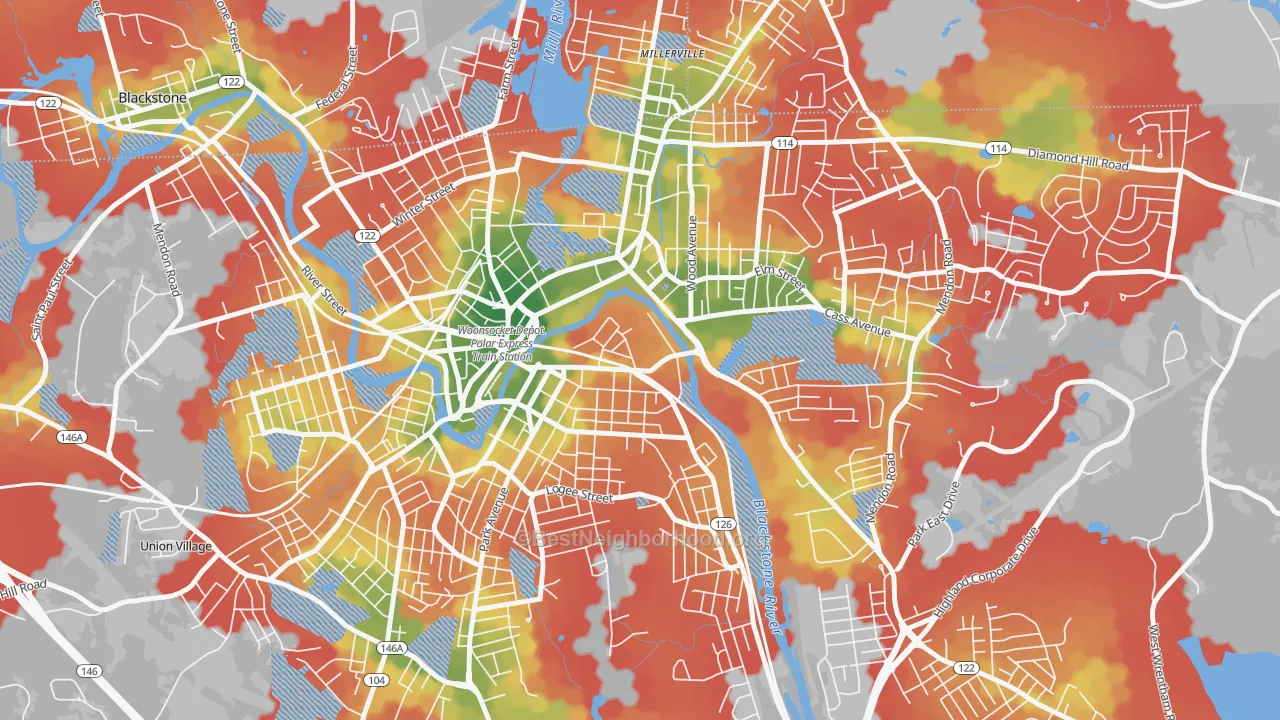 Walk Grade map of Hamlet, Woonsocket, RI, walkable areas in green and car-dependent areas in red