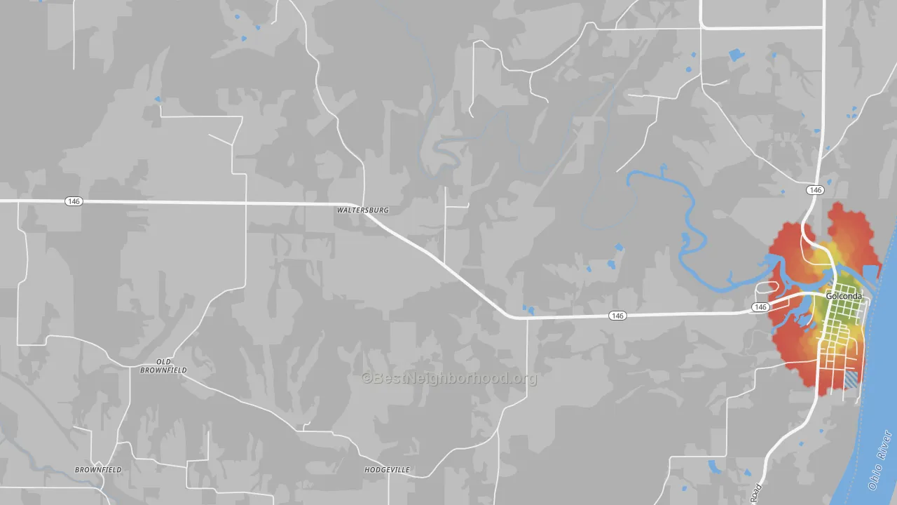 Walk Grade map of Hamletsburg, IL, walkable areas in green and car-dependent areas in red