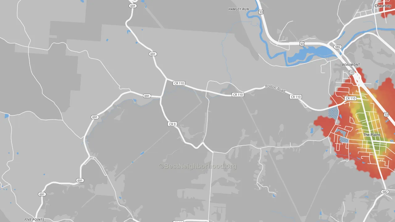 Walk Grade map of Hamley Run, OH, walkable areas in green and car-dependent areas in red