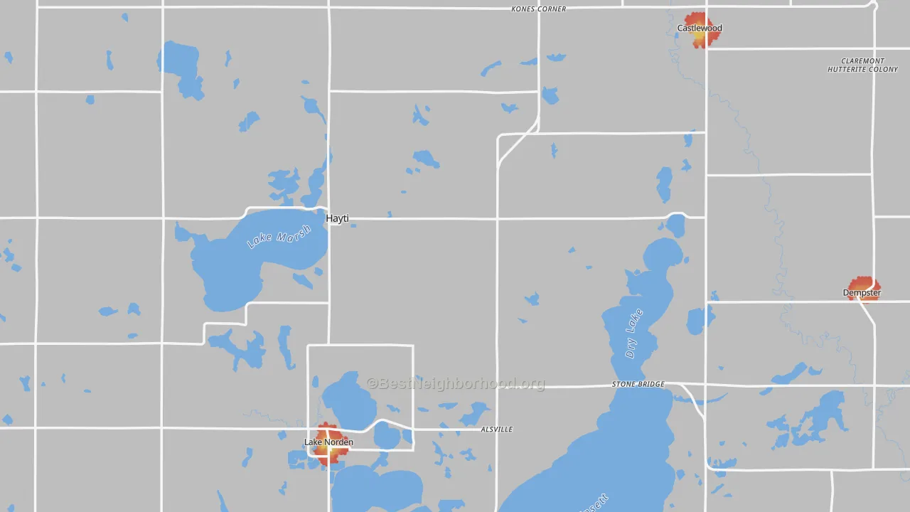 Walk Grade map of Hamlin County, SD, walkable areas in green and car-dependent areas in red