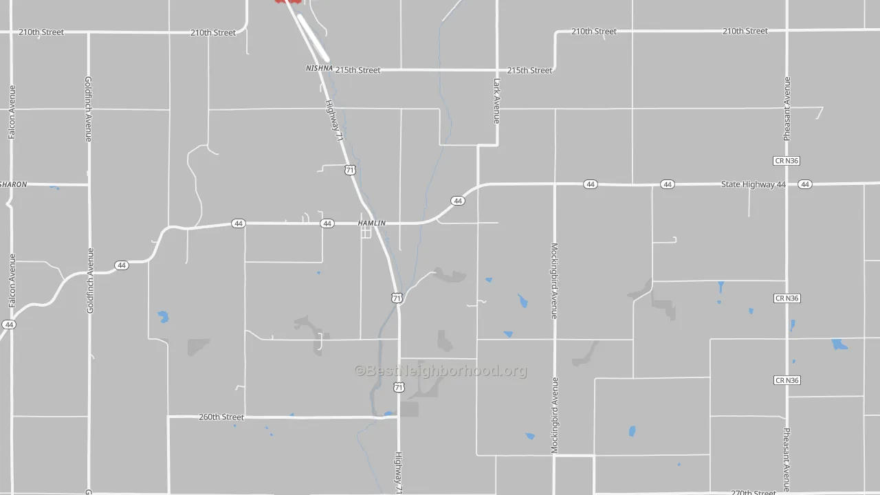 Walk Grade map of Hamlin, IA, walkable areas in green and car-dependent areas in red