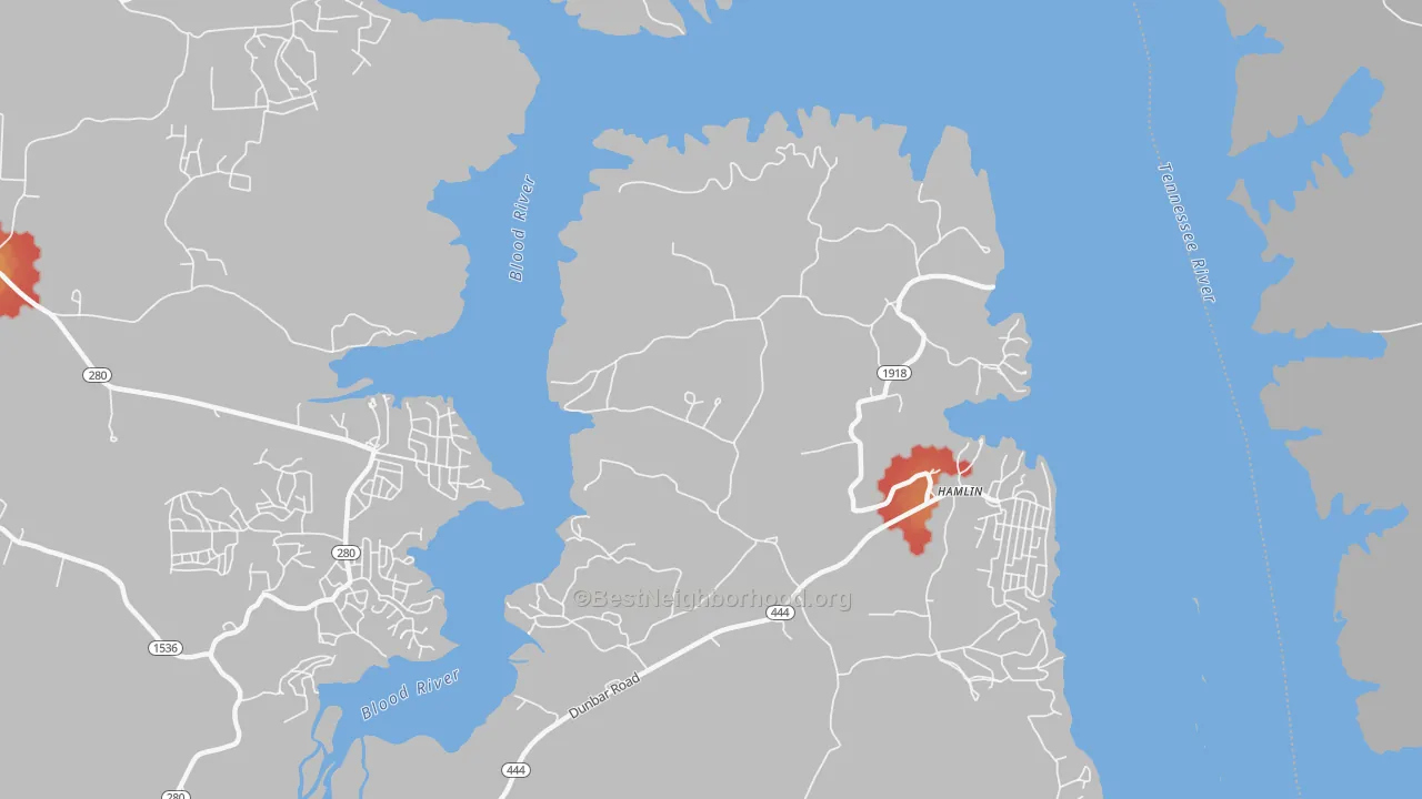 Walk Grade map of Hamlin, KY, walkable areas in green and car-dependent areas in red
