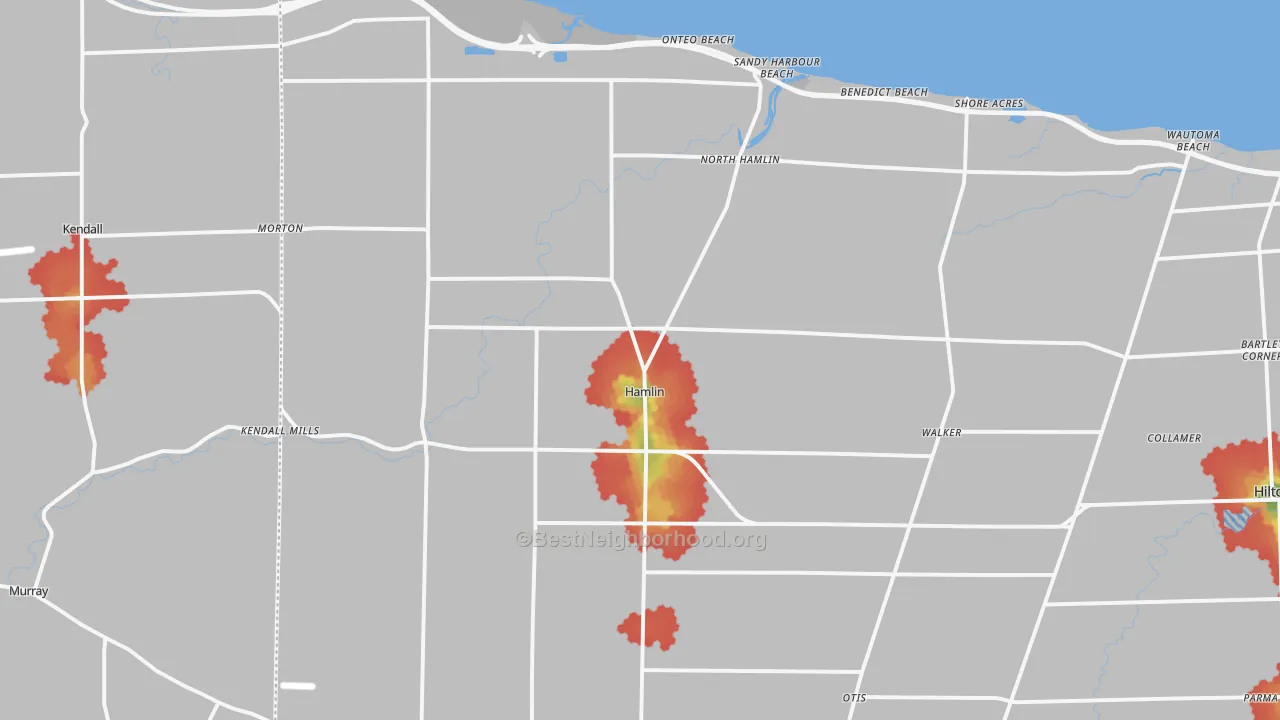 Walk Grade map of Hamlin, NY, walkable areas in green and car-dependent areas in red