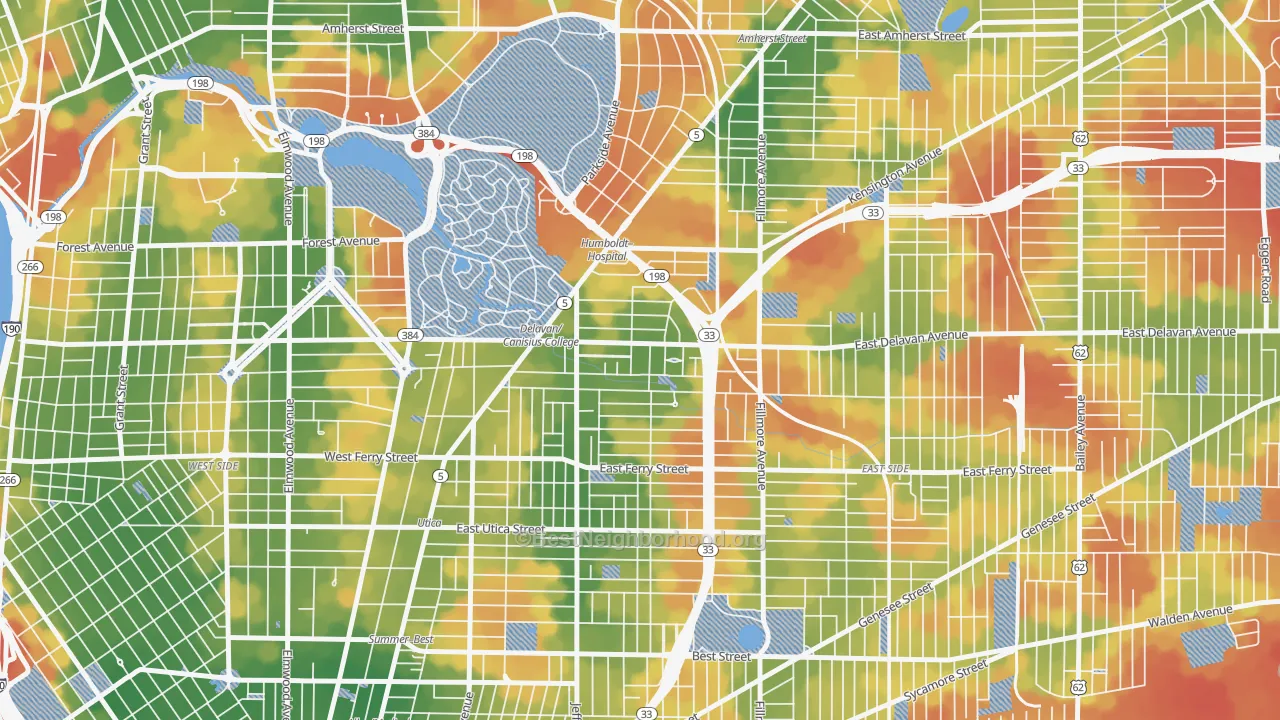 Walk Grade map of Hamlin Park, Buffalo, NY, walkable areas in green and car-dependent areas in red
