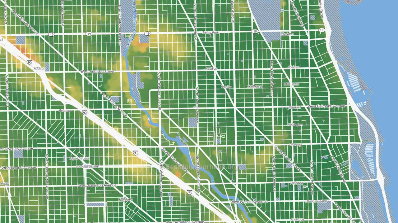 Walk Grade map of Hamlin Park, Chicago, IL, walkable areas in green and car-dependent areas in red