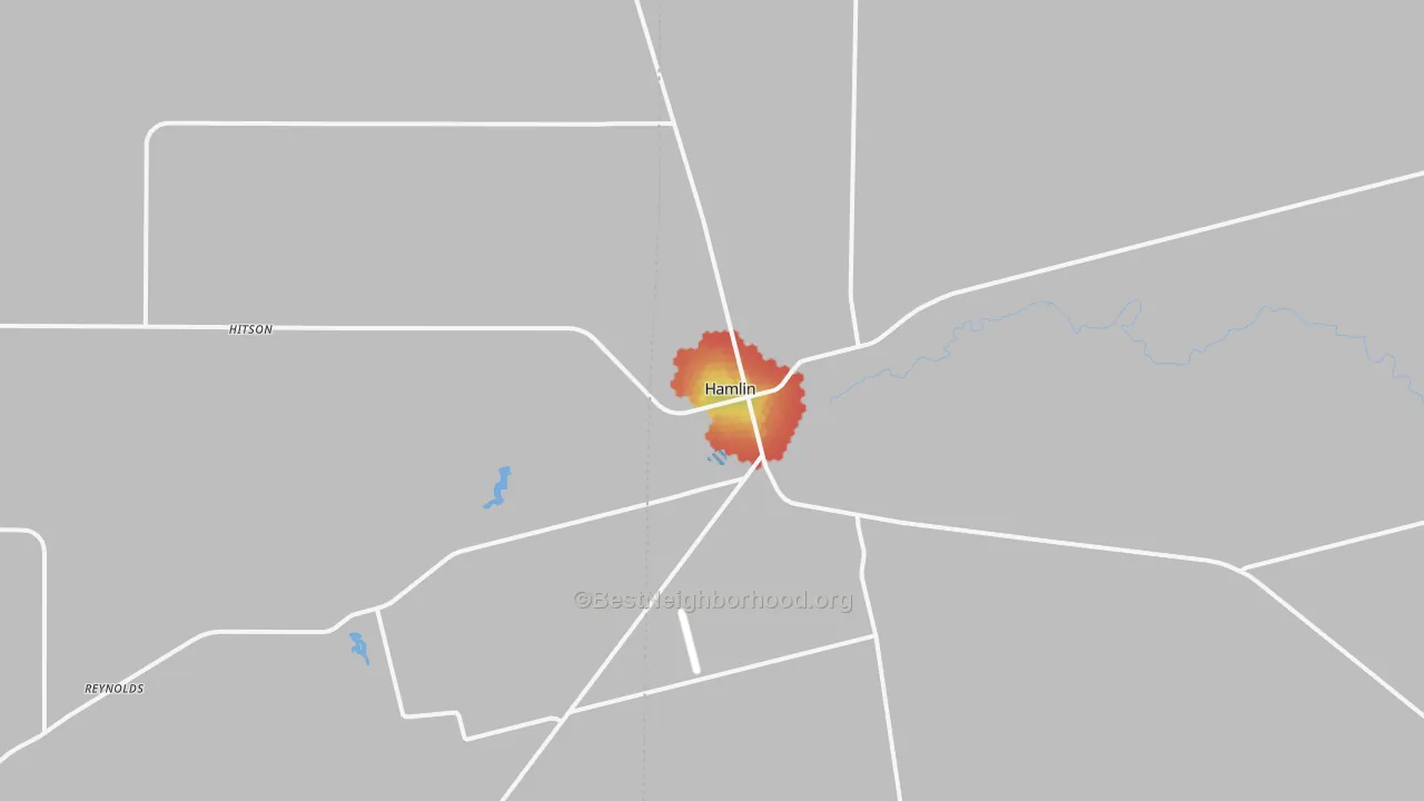 Walk Grade map of Hamlin, TX, walkable areas in green and car-dependent areas in red