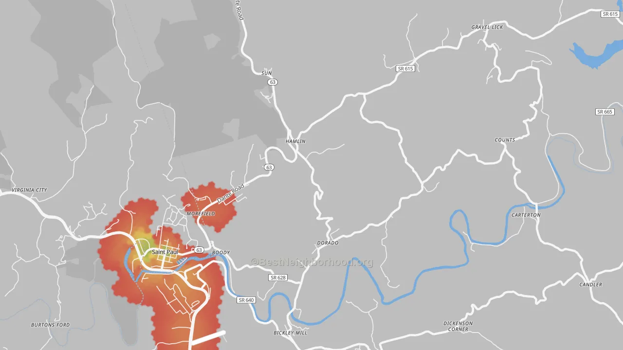 Walk Grade map of Hamlin, VA, walkable areas in green and car-dependent areas in red