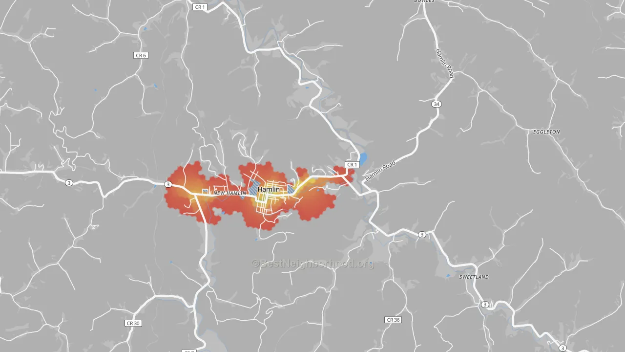 Walk Grade map of Hamlin, WV, walkable areas in green and car-dependent areas in red