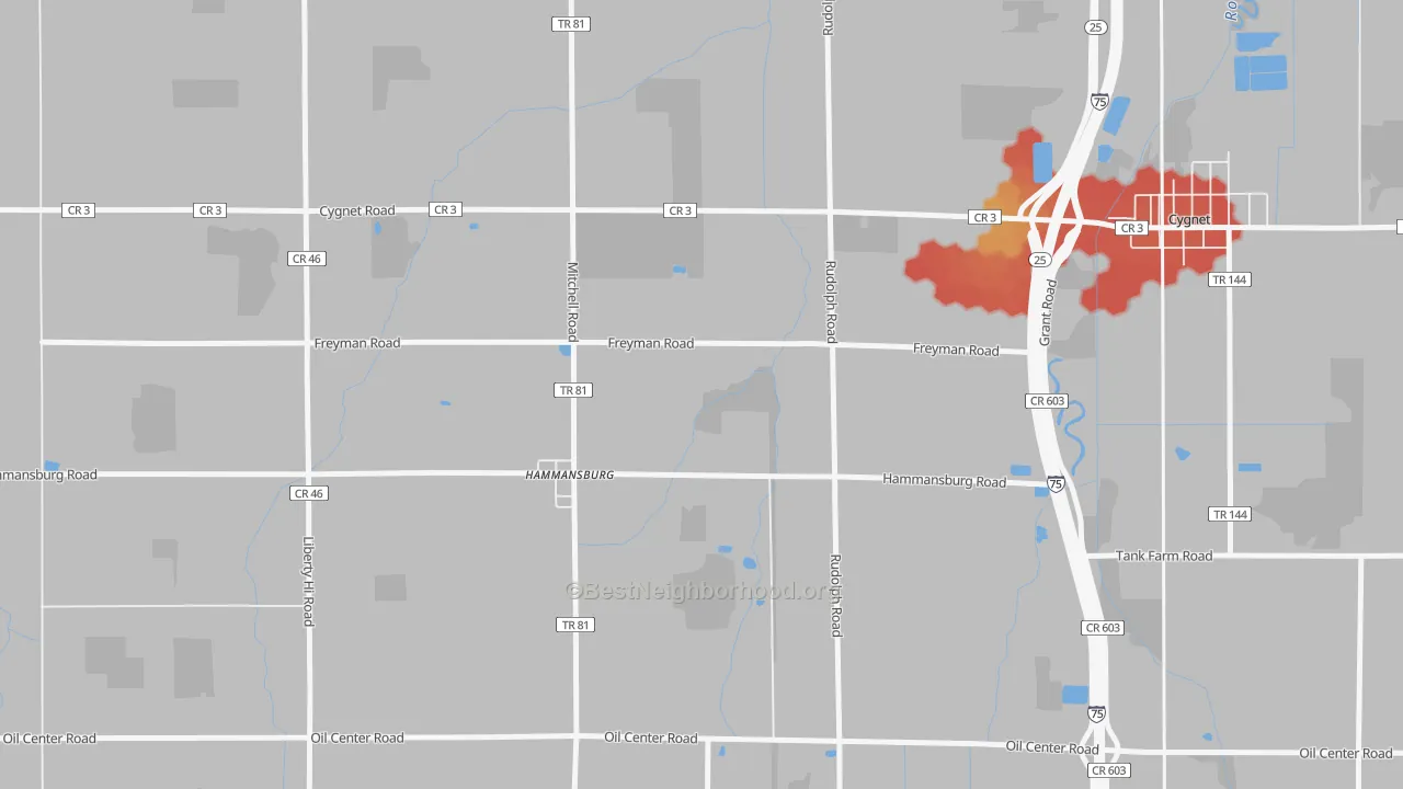 Walk Grade map of Hammansburg, OH, walkable areas in green and car-dependent areas in red