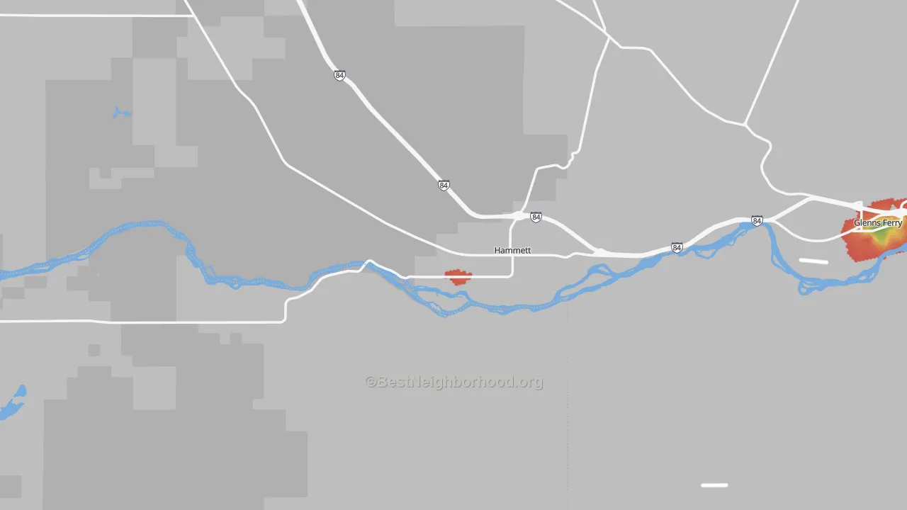Walk Grade map of Hammett, ID, walkable areas in green and car-dependent areas in red