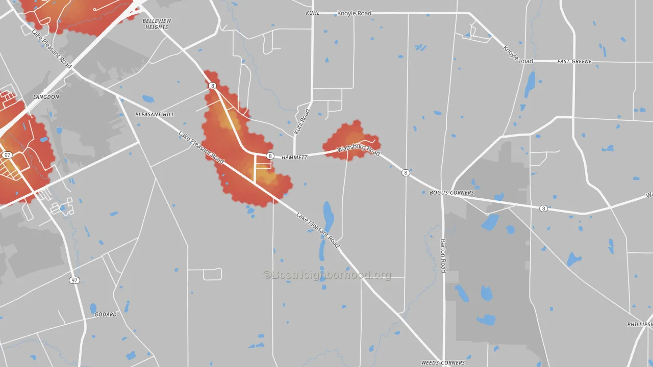 Walk Grade map of Hammett, PA, walkable areas in green and car-dependent areas in red