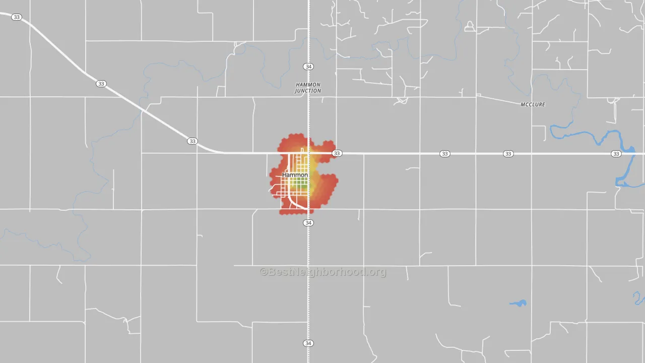 Walk Grade map of Hammon, OK, walkable areas in green and car-dependent areas in red