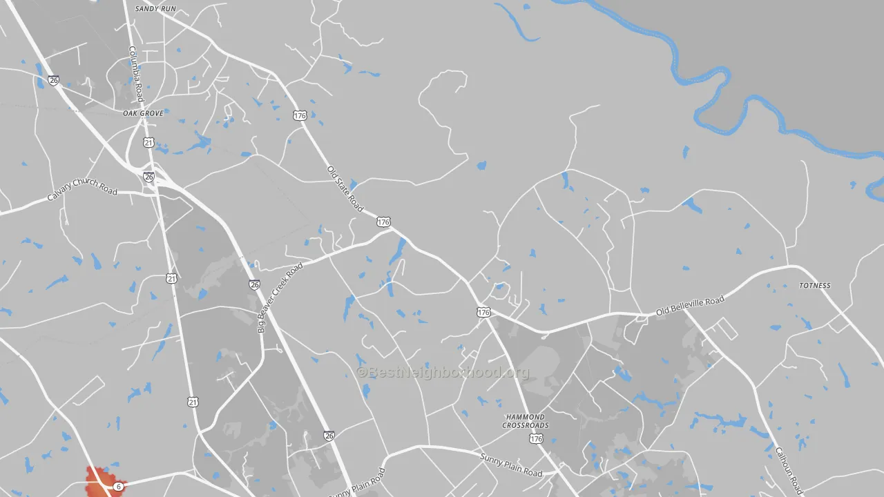 Walk Grade map of Hammond Crossroads, SC, walkable areas in green and car-dependent areas in red