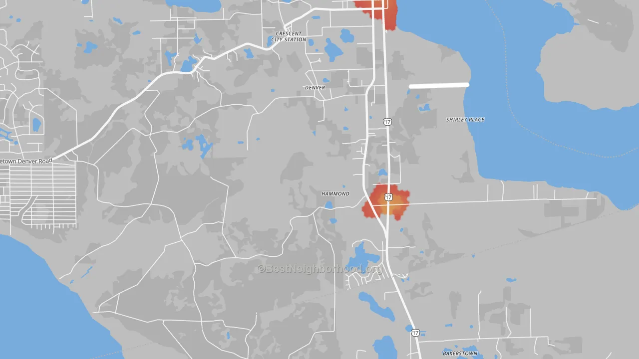 Walk Grade map of Hammond, FL, walkable areas in green and car-dependent areas in red