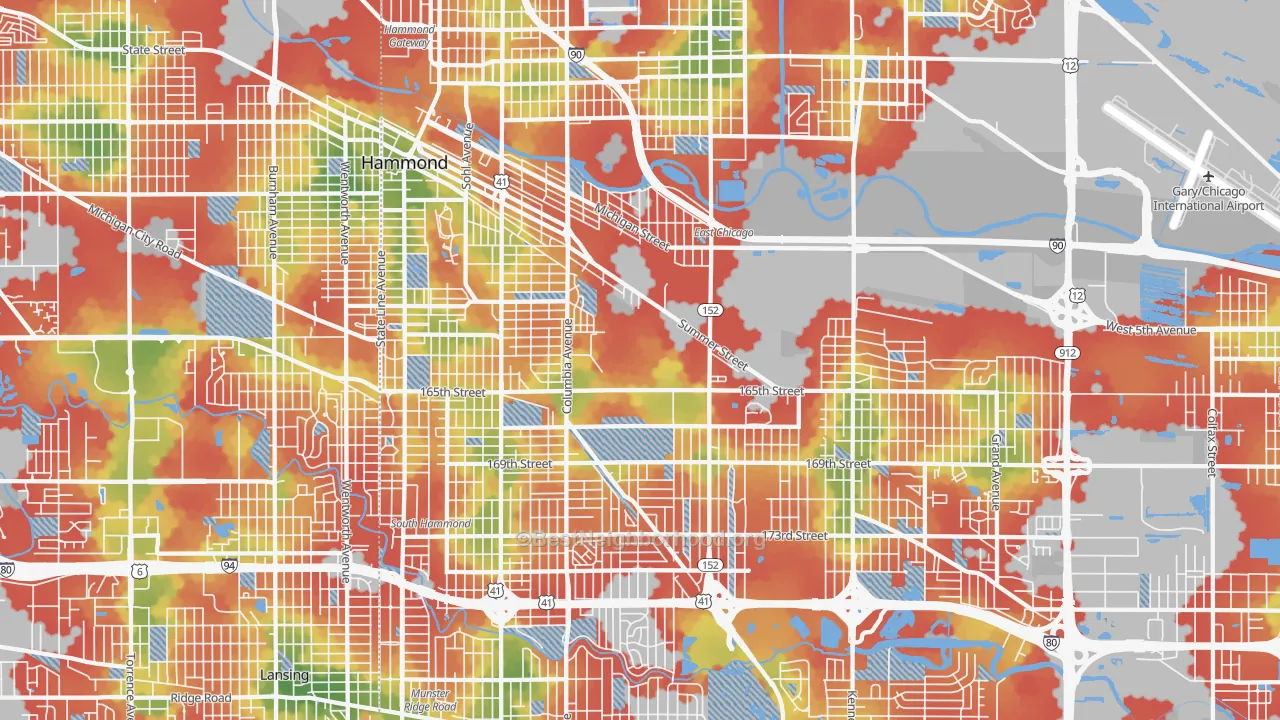 Walk Grade map of Hammond, IN, walkable areas in green and car-dependent areas in red