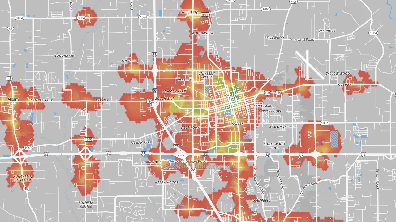 Walk Grade map of Hammond, LA, walkable areas in green and car-dependent areas in red
