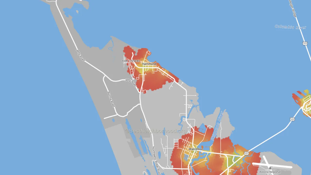 Walk Grade map of Hammond, OR, walkable areas in green and car-dependent areas in red
