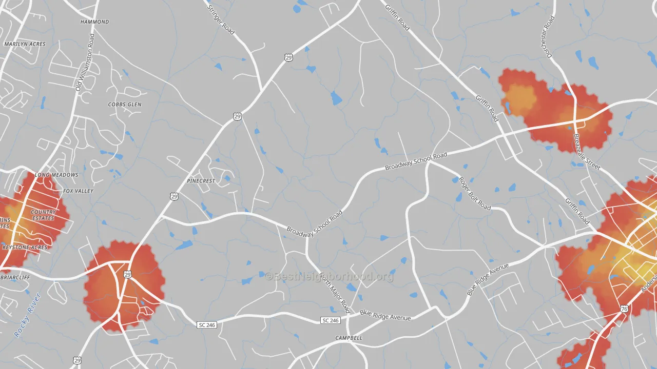 Walk Grade map of Hammond, SC, walkable areas in green and car-dependent areas in red