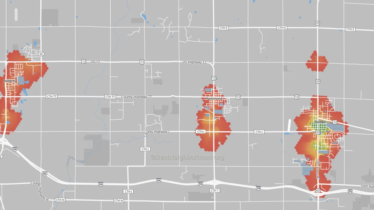 Walk Grade map of Hammond, WI, walkable areas in green and car-dependent areas in red