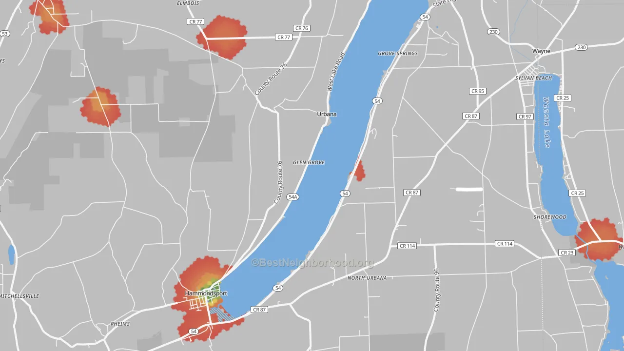 Walk Grade map of Hammondsport, NY, walkable areas in green and car-dependent areas in red