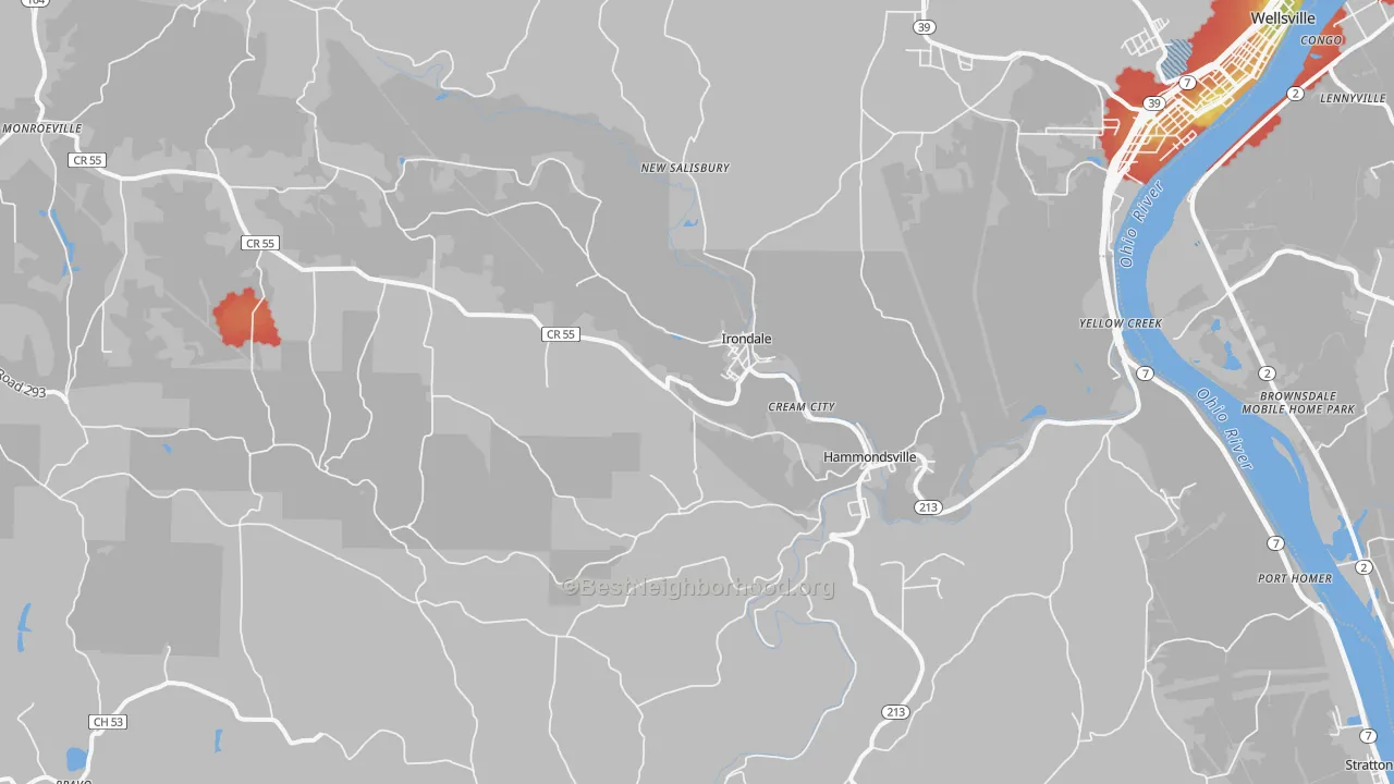 Walk Grade map of Hammondsville, OH, walkable areas in green and car-dependent areas in red