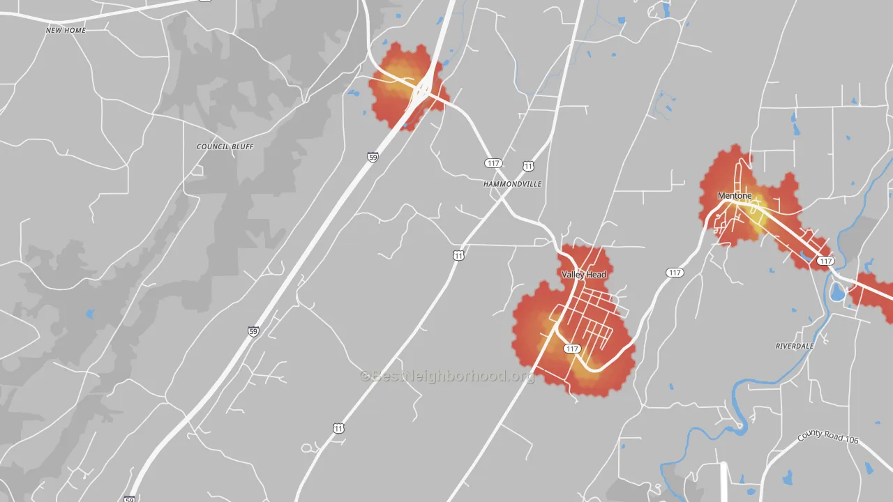 Walk Grade map of Hammondville, AL, walkable areas in green and car-dependent areas in red