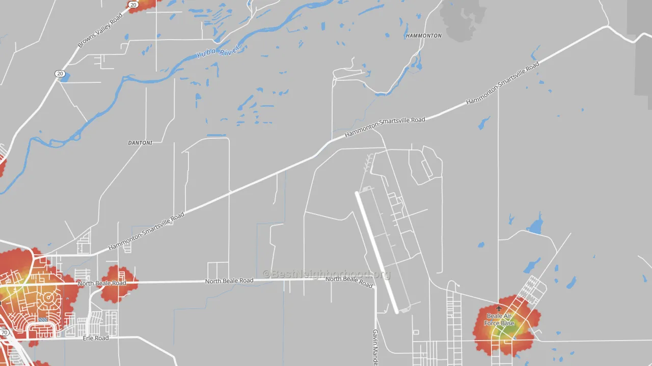 Walk Grade map of Hammonton, CA, walkable areas in green and car-dependent areas in red