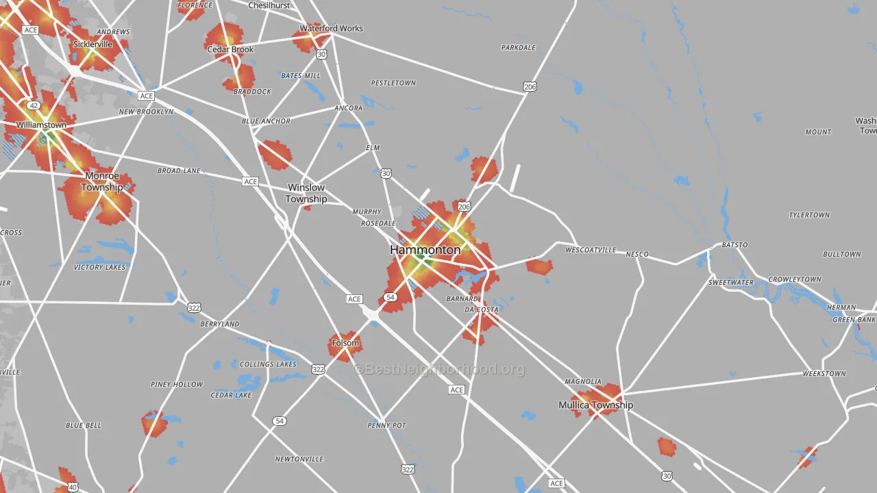 Walk Grade map of Hammonton, NJ, walkable areas in green and car-dependent areas in red
